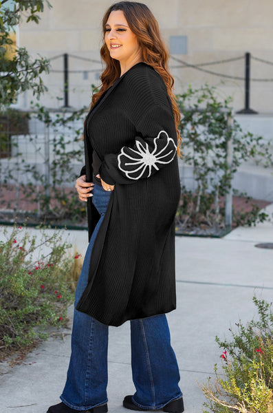 Black Flower Embroidered Drop Shoulder Open Front Duster Cardigan #0227