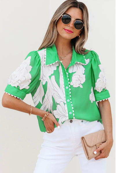 Green Floral Ric Rac Edge Puff Sleeve Button Up Summer Shirt # 0222