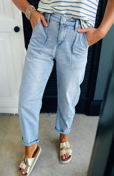 Beau Blue High Rise Barrel Relaxed Patch Pocket Jeans #2018