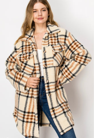 PLAID BUTTON DOWN SHERPA FUR SHACKET #2021