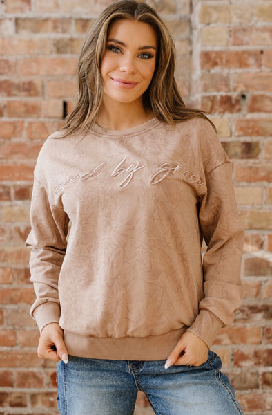 SAVED BY GRACE Letter Embroidery Mineral Wash Loose Sweatshirt #0219