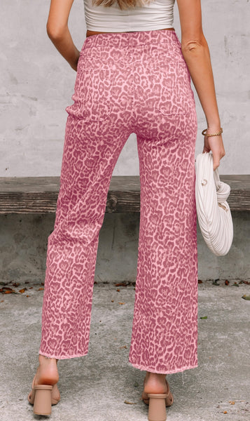 Rose Leopard Frayed Edge Wide Leg High Waist Jeans #0218