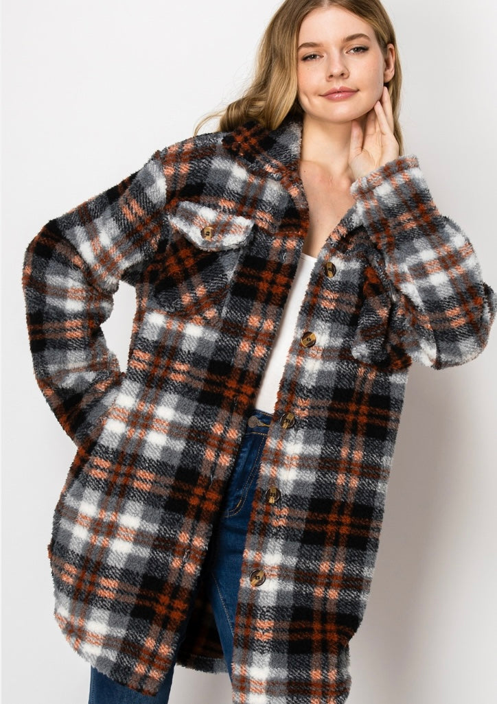 PLAID BUTTON DOWN SHERPA FUR SHACKET #2021
