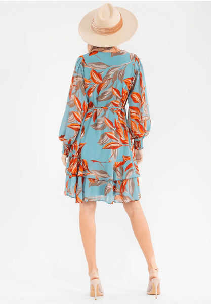 WOMEN'S LONG SLEEVE SURPLICE SELF TIE FLORAL PRINT WRAP MINI DRESS 0012