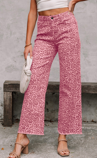 Rose Leopard Frayed Edge Wide Leg High Waist Jeans #0218
