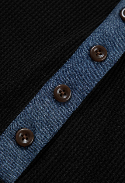 Black Textured Knit Denim Patchwork Button Polo Collar Long Sleeve Top #0212