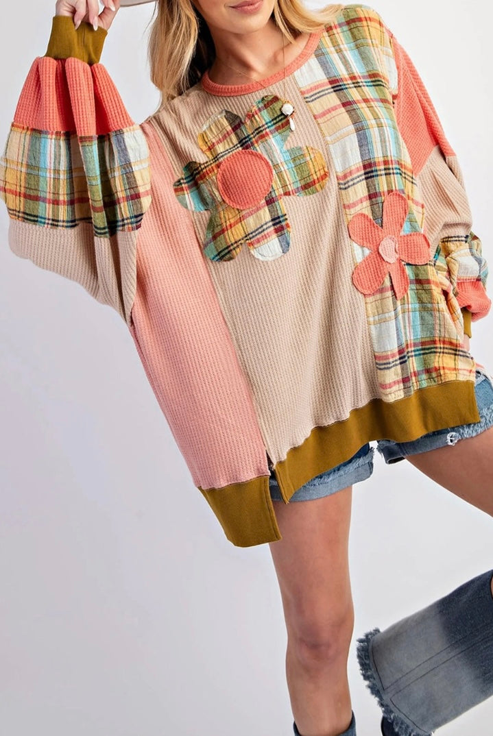 Plaid Patchwork Waffle Knit Sweatshirt #2531