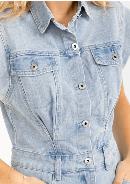 WOMEN'S SLEEVELESS BUTTON UP POCKETS WASHED DISTRESS DENIM MINI DRESS 0200