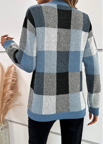 Plaid Print Round Neck Knit Loose Fit Sweater #7928