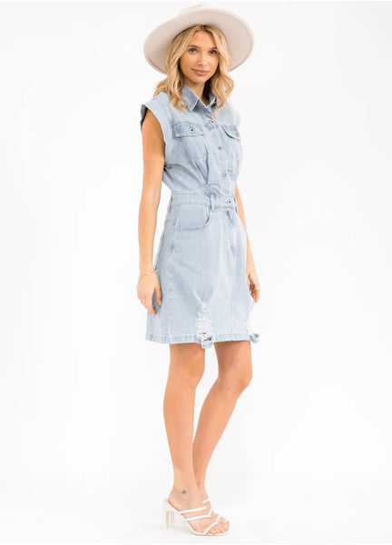 WOMEN'S SLEEVELESS BUTTON UP POCKETS WASHED DISTRESS DENIM MINI DRESS 0200