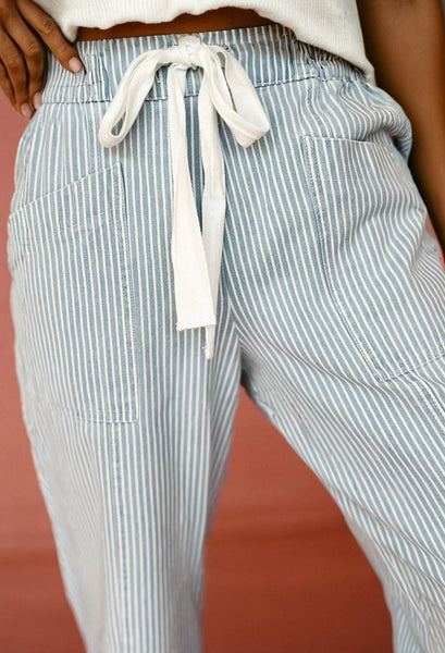 Sky Blue Stripe Mid Rise Drawstring Waist Jeans #2019