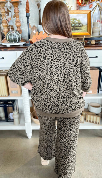 Khaki Jacquard Leopard Half Sleeve Jumper Wide Leg Pant #0209