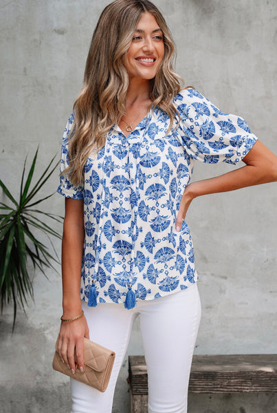 Sky Blue Geometric Print Tassel Drawstring V Neck Blouse #0221