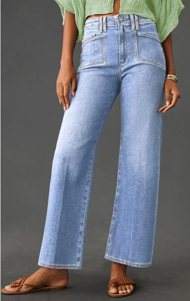 Dusk Blue Loose Straight Leg Cropped High Waist Jeans #2016