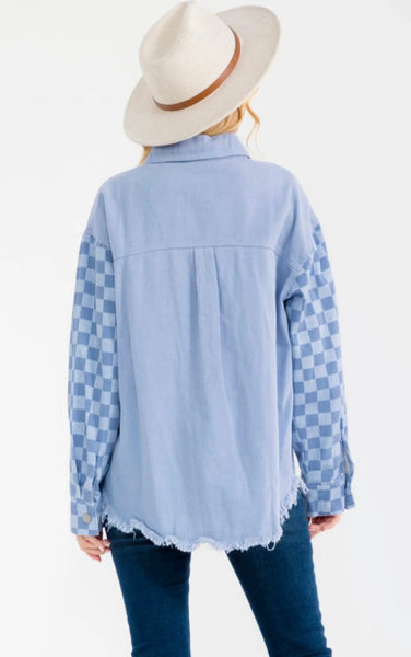 WOMEN'S LONG SLEEVE BUTTON CLOSURE FRONT POCKETS CHEKERS DENIM JACKET 0008