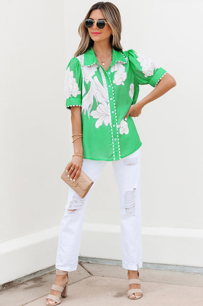 Green Floral Ric Rac Edge Puff Sleeve Button Up Summer Shirt # 0222