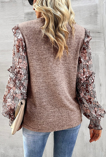 Ruffle Tiered Floral Sleeve Crew Neck Blouse #2033