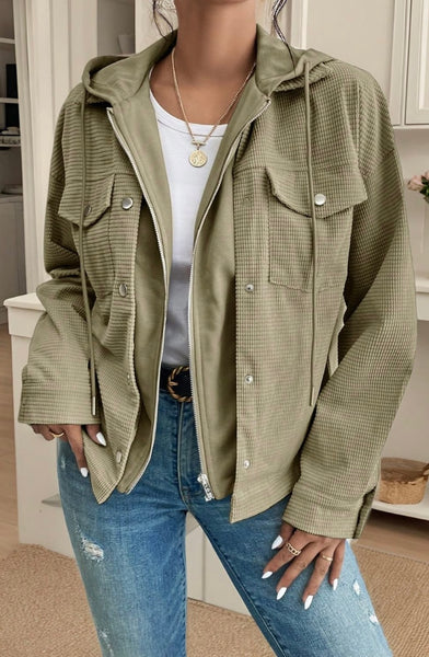 Solid Contrast Textured Patchwork Flap Pocket Shacket #0011