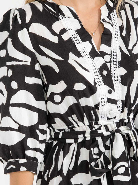 WOMEN'S 3/4 SLEEVE V-NECK SELF TIE MULTI PRINT MIDI DRESS #0185