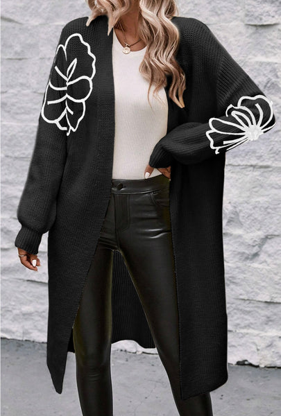 Black Flower Embroidered Drop Shoulder Open Front Duster Cardigan #0227