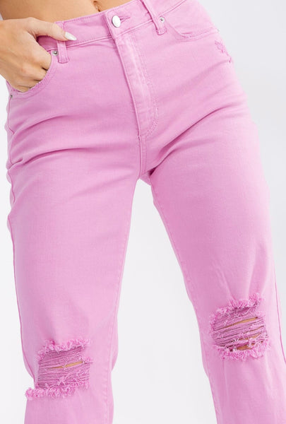 WOMEN'S BUTTON CLOSURE POCKETS DISTRESS WIDE LEG DENIM PANTS #0184