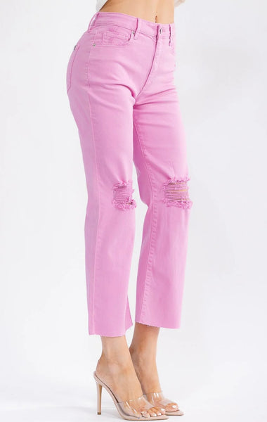 WOMEN'S BUTTON CLOSURE POCKETS DISTRESS WIDE LEG DENIM PANTS #0184