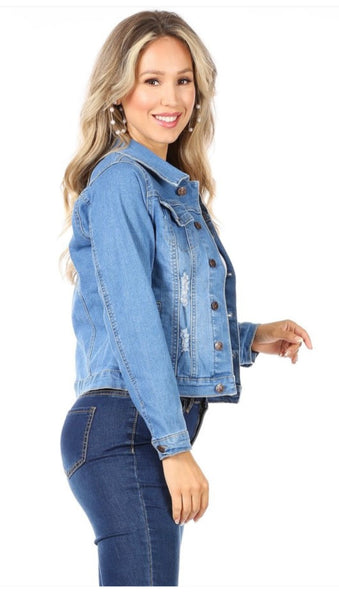 Classic Distressed Denim Jacket With Button Down Closure, Collared, And Pockets. #JA01