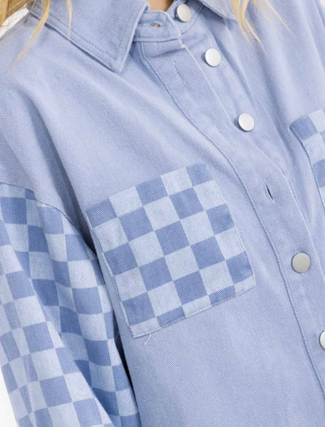 WOMEN'S LONG SLEEVE BUTTON CLOSURE FRONT POCKETS CHEKERS DENIM JACKET 0008