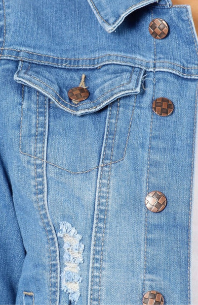 Classic Distressed Denim Jacket With Button Down Closure, Collared, And Pockets. #JA01