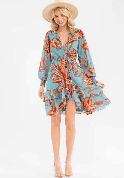WOMEN'S LONG SLEEVE SURPLICE SELF TIE FLORAL PRINT WRAP MINI DRESS 0012