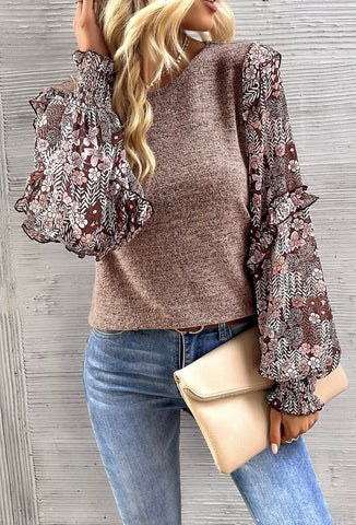 Ruffle Tiered Floral Sleeve Crew Neck Blouse #2033