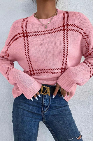 Plaid Pattern Knitted Drop Shoulder Sweater #5550
