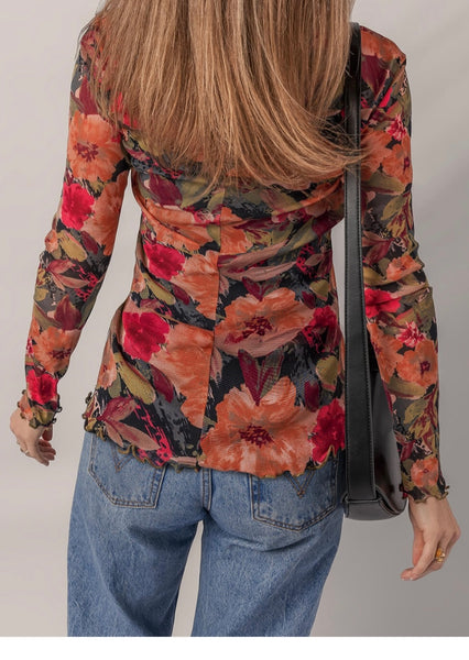 Floral Print Lettuce Trim Long Sleeve Mesh Top P23