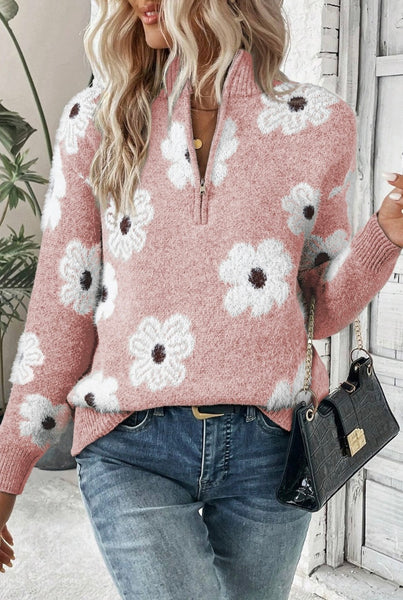 Floral Pattern Drop Shoulder Half Zip Sweater #2510