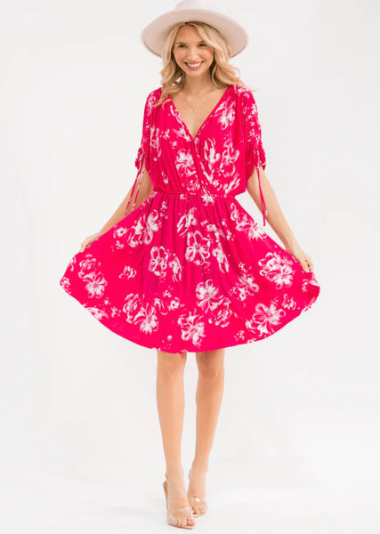 WOMEN'S SHORT SLEEVE SURPLICE ELASTIC WAIST POCKETS FLORAL PRINT MINI DRESS 0011