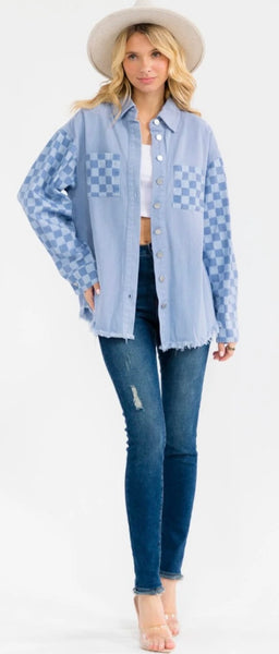 WOMEN'S LONG SLEEVE BUTTON CLOSURE FRONT POCKETS CHEKERS DENIM JACKET 0008