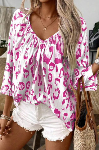 Leopard Print Ruched V Neck 3/4 Sleeve Blouse #8969