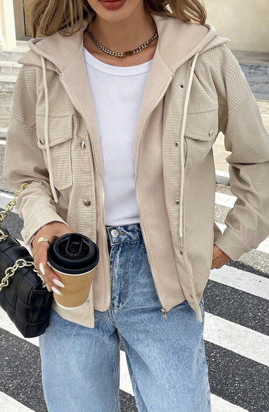Solid Contrast Textured Patchwork Flap Pocket Shacket #0011