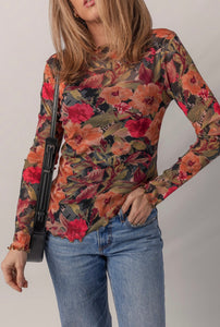 Floral Print Lettuce Trim Long Sleeve Mesh Top P23