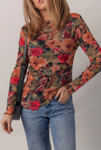 Floral Print Lettuce Trim Long Sleeve Mesh Top P23