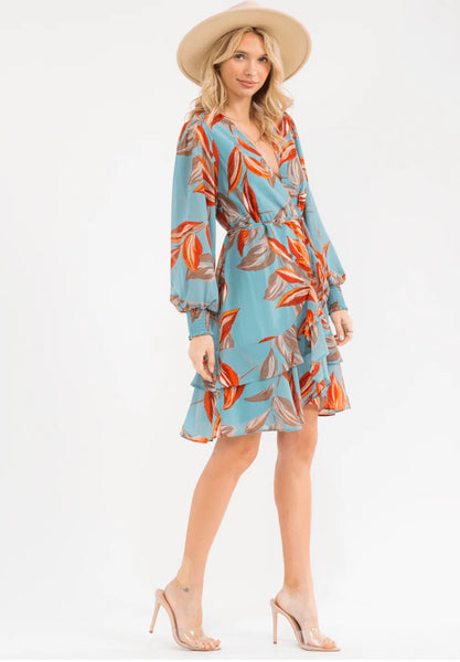 WOMEN'S LONG SLEEVE SURPLICE SELF TIE FLORAL PRINT WRAP MINI DRESS 0012