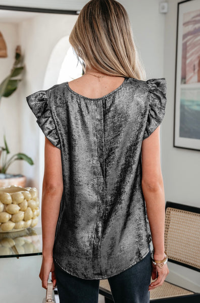 Gold Metallic Round Neck Ruffle Trim Sleeveless Top #0216. Silvery Metallic Round Neck Ruffle Trim Sleeveless Top #0216
