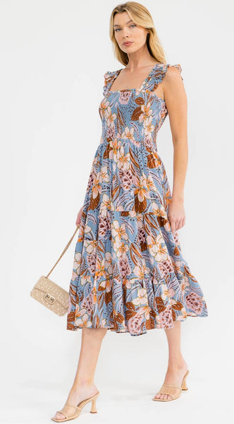WOMEN'S SLEEVELESS SQUARE NECK SMOCK FLORAL PRINT MAXI DRESS #0177
