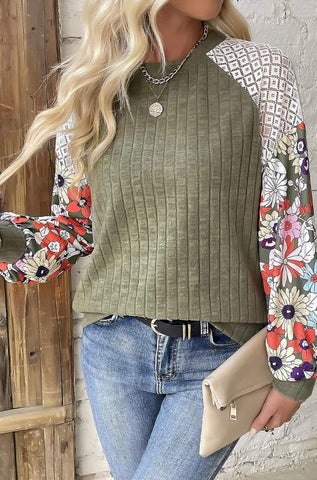 Green Top Flower print sleeves #8503