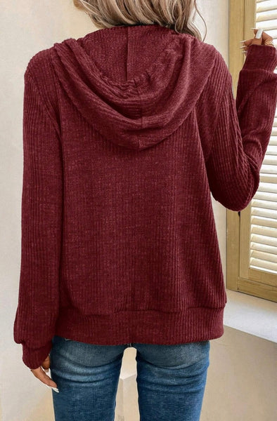 Red DahliaRibbed Zip Up Front Drawstring Hoodie #5830