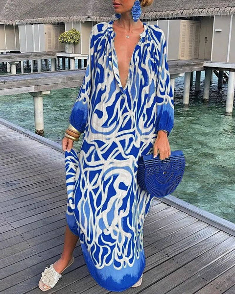 Loose dress with deep V-neck and big swing 2223