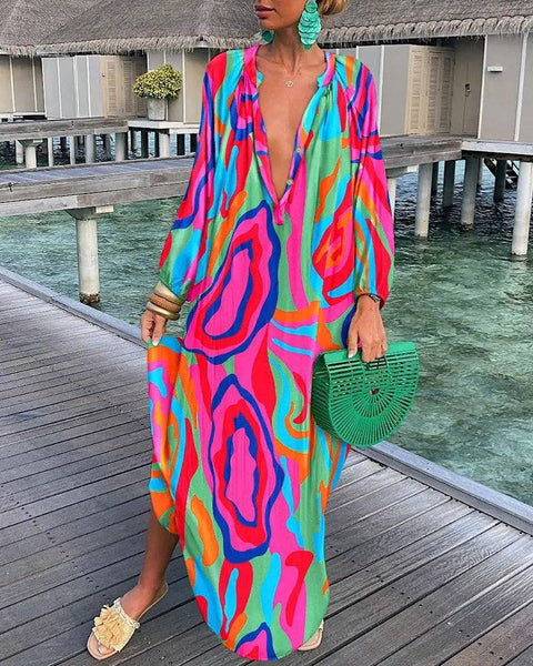Loose dress with deep V-neck and big swing 2223