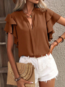 V-NECK CASUAL DOUBLE
LAYER LOTUS SLEEVE BLOUSE:
CARAMEL 2224