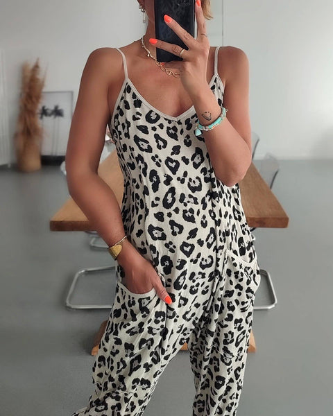 Thin Leopard Print Loose Casual Slip Jumpsuit 1944