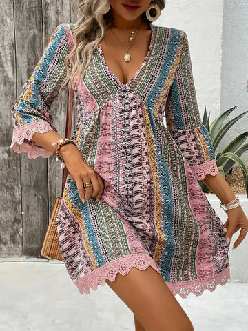 Bohemian Chic V-Neck Striped Print Lace Trim Dress: Pink #5924